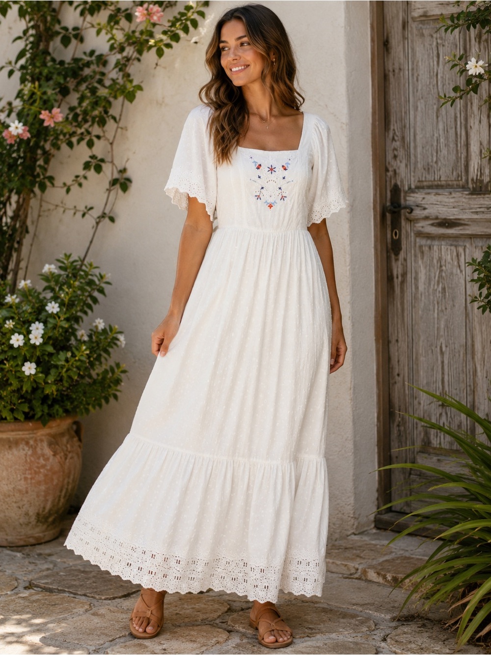 Old Navy White Embroidered Eyelet Midi Dress Boho Cottagecore Tie Back Pockets S